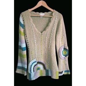 Felicity Embroidered Wool Blend Sweater Women's Medium Tan Artsy Boho